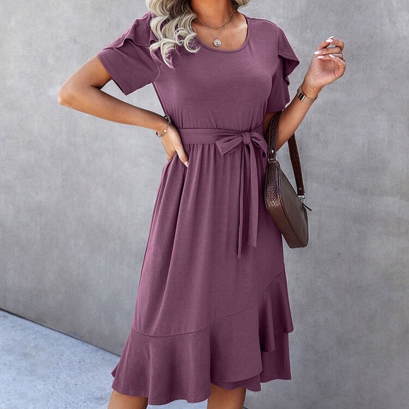 💜 BOHO PURPLE RUFFLE BELTED MIDI DRESS! - Picture 6 of 6
